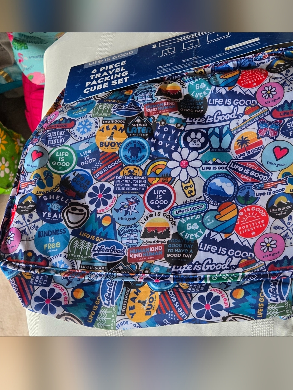 NWT Life Is Good Colorful Sticker-Print 6 Pc Travel Packing Cubes